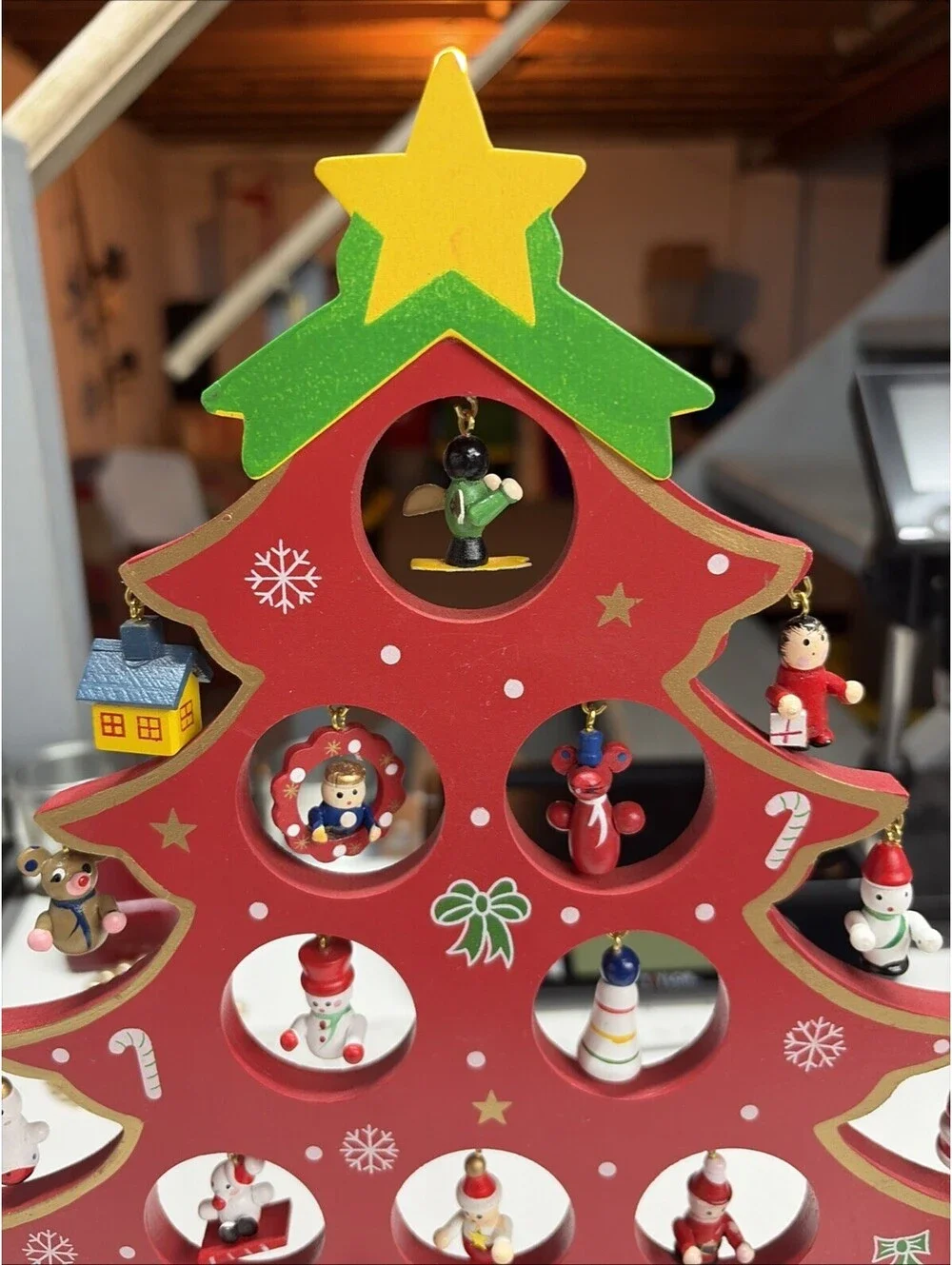 Vintage Wooden Christmas Tree On Stand W/ 16 Ornaments 12.5” X 9.5” Hand Painted
